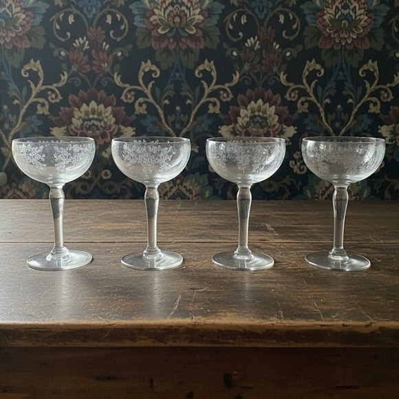Other - Fostoria Style Chinz Tall Sherbet Glasses, Set Of 4,‎ Vintage Etched Stemware